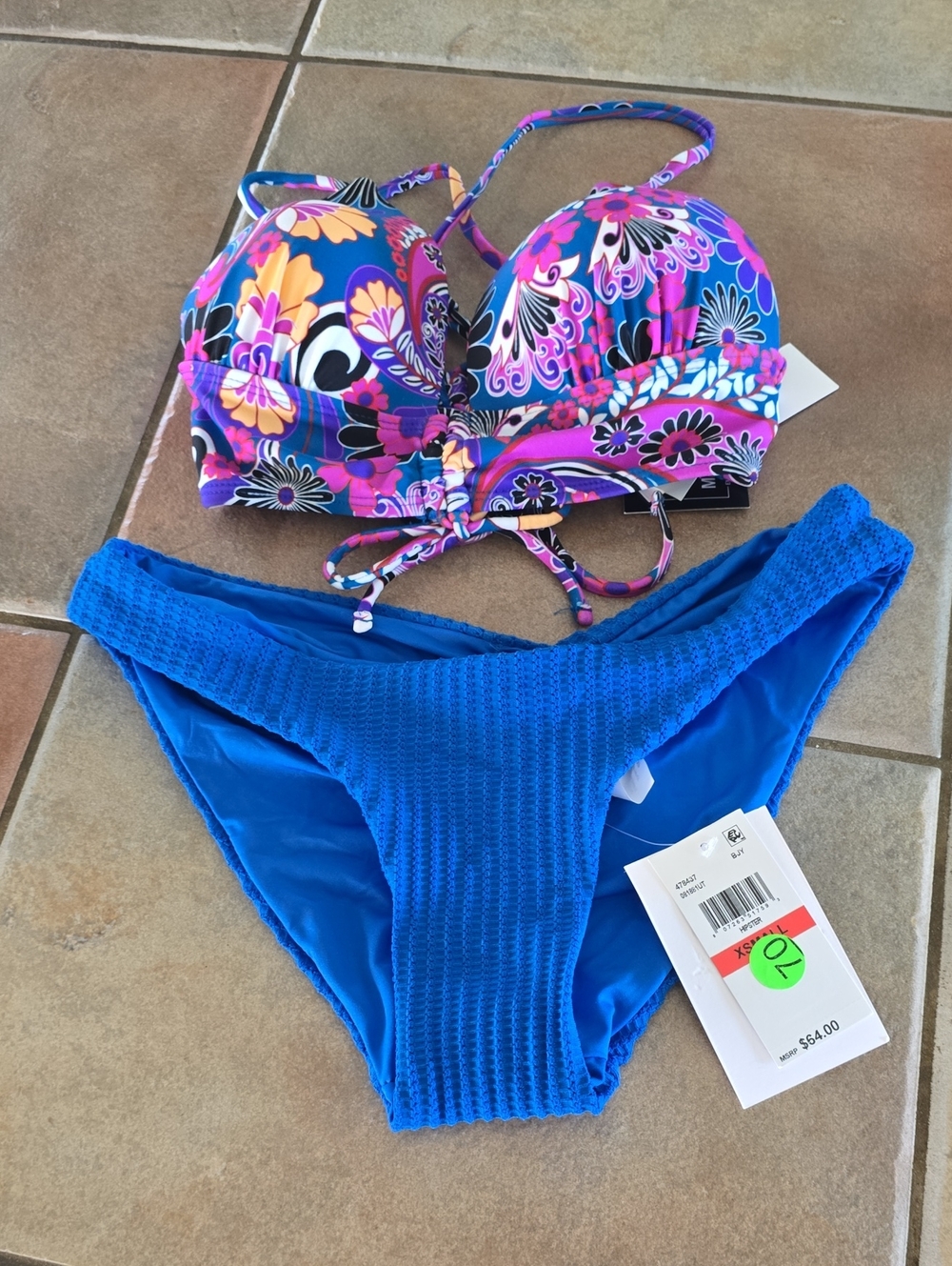 BECCA Blue Textured Swim Bottom with Floral Swim Top Sz Xs  Nwt